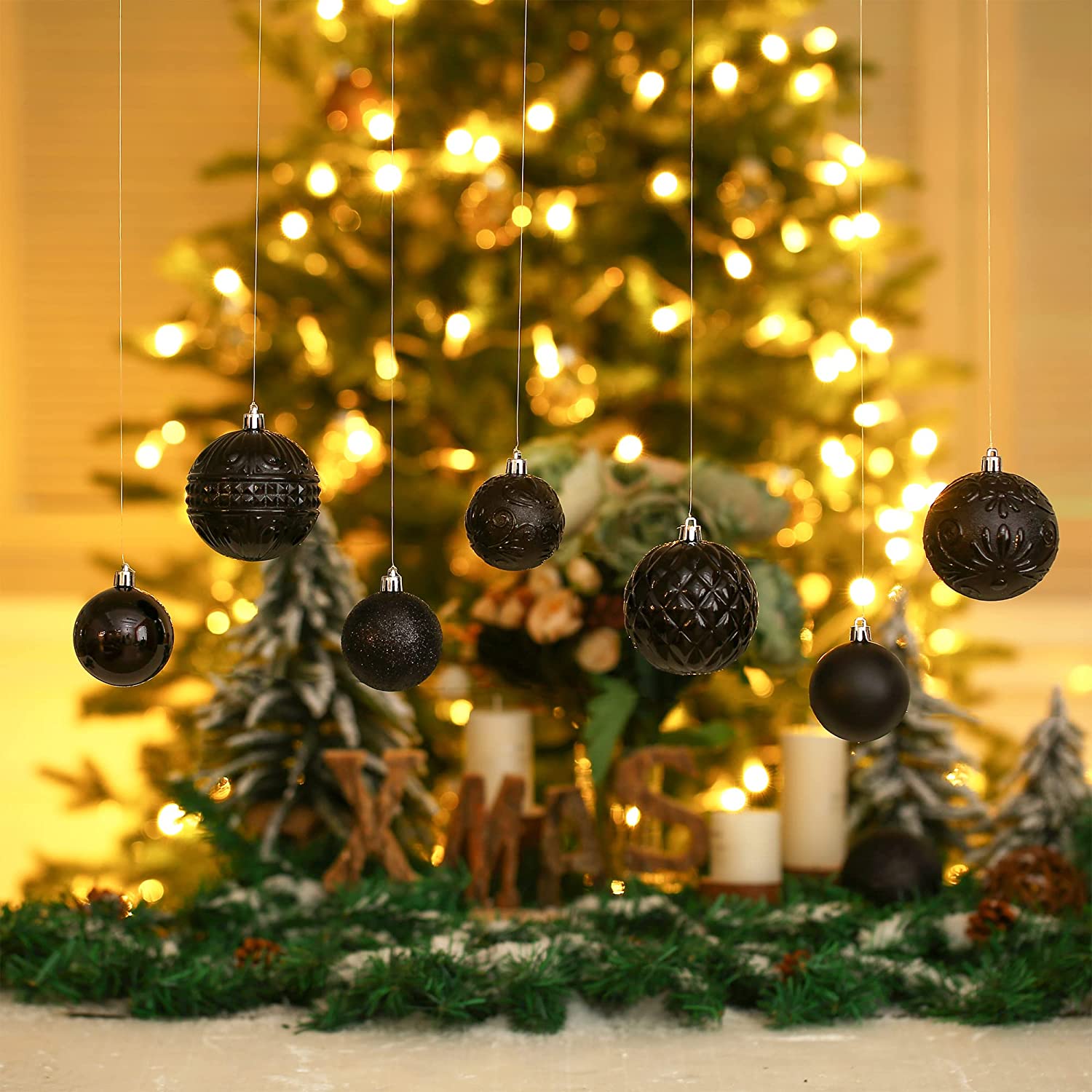Christmas Ball Ornaments Black Christmas Tree Decorations with Hang  Rope-36pcs Shatterproof Christmas Ornaments Set with 6 Styles 